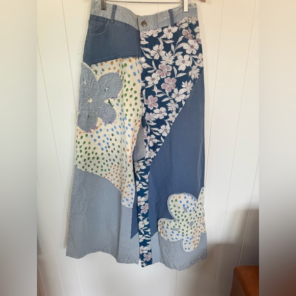 EASEL Wide-Leg Patchwork Flower Pants Denim Blue and Cream SZ Large - Picture 7 of 10